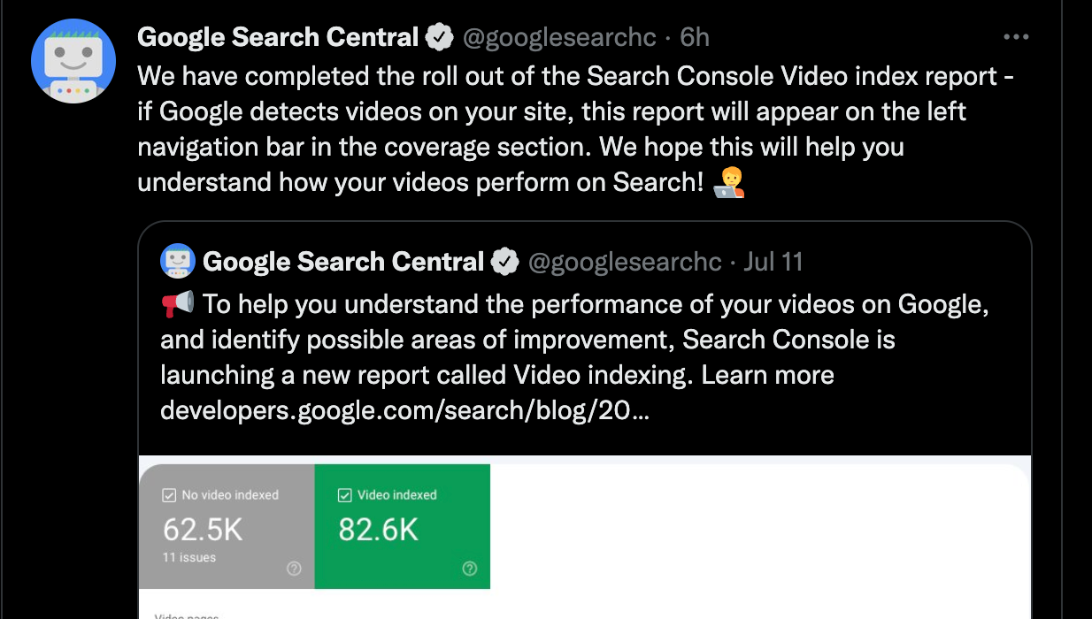 Novos relatórios sobre resultados de vídeo no Search Console